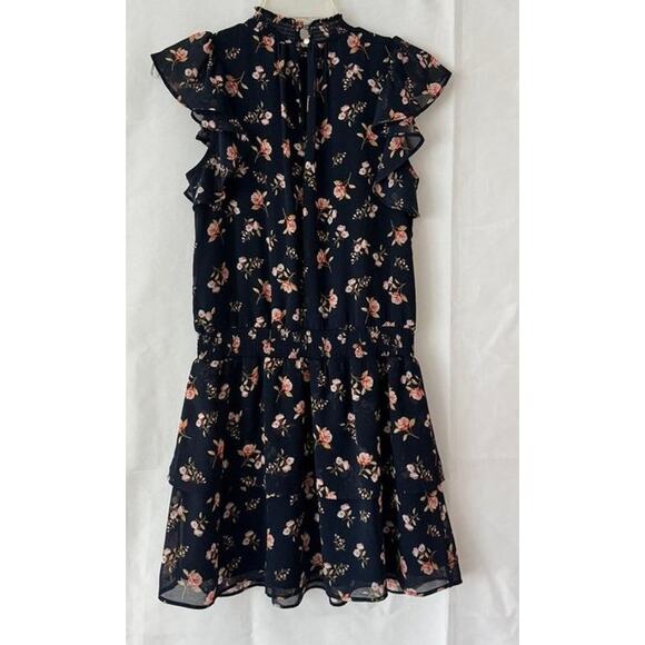 1.STATE Navy Floral Ruffle Mini Dress XS Smocked Waist Layered Hem - Picture 11 of 13